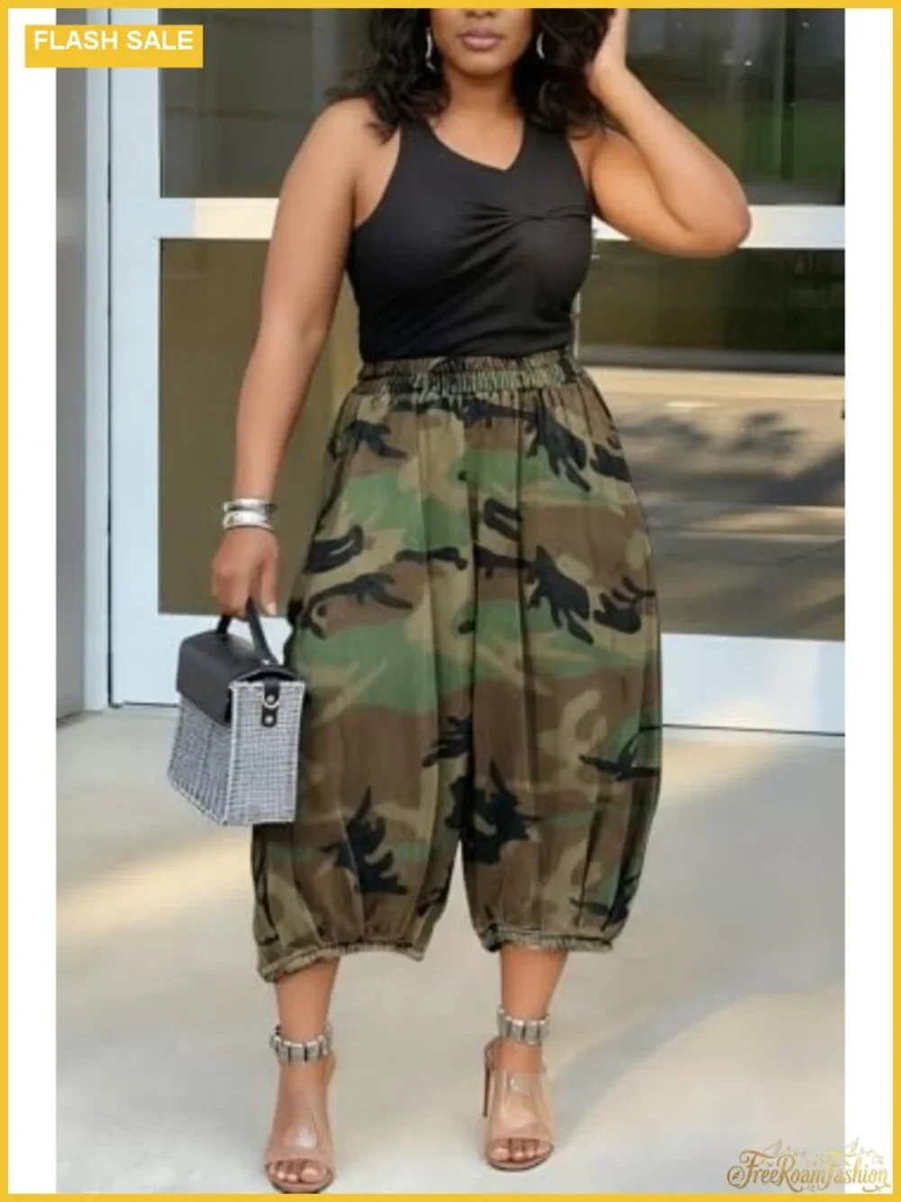 Womens Baggy Camo Cargo Jeans Elastic High Rise Wide Leg Cropped